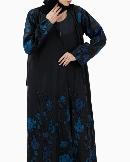 Abaya | Black with Blue Flower
