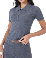 Women Merino Wool Polo Top Grey Marl