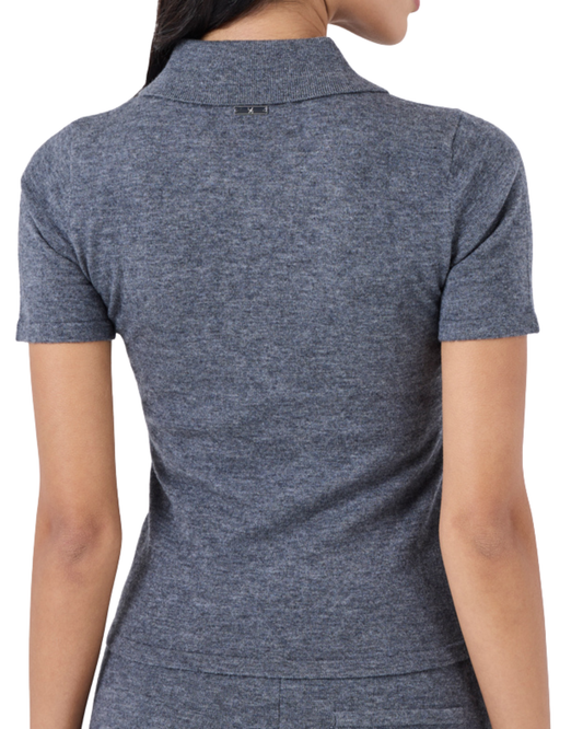 Women Merino Wool Polo Top Grey Marl