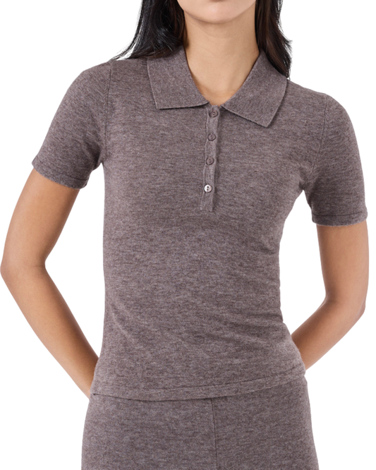 Women Merino Wool Polo Top Taupe Marl