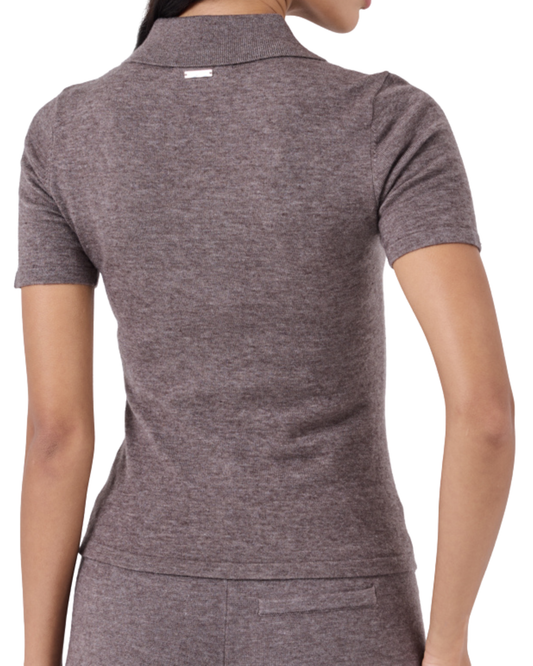 Women Merino Wool Polo Top Taupe Marl