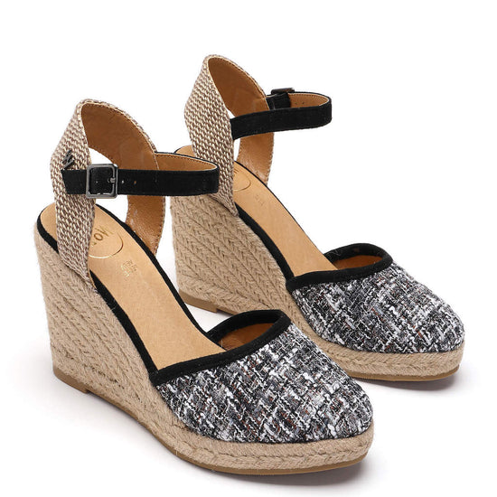 Model wears Joy Black Grey Espadrille