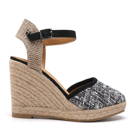 Model wears Joy Black Grey Espadrille