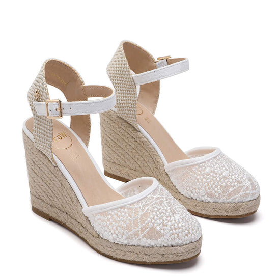 Model wears Joy White Espadrille