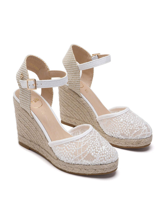 Model wears Joy White Espadrille