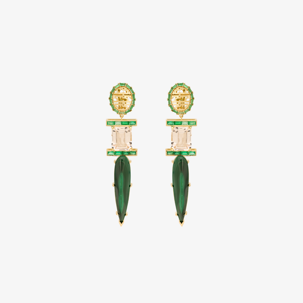 HAWA - 18K Gold, Emerald, Aquamarine & Malachite Earrings