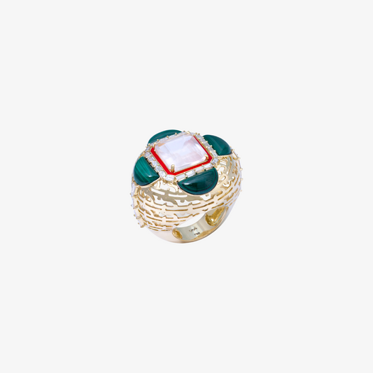 HAWA - 18K Gold, Malachite, Pink Quartz & Baguette Diamond Ring