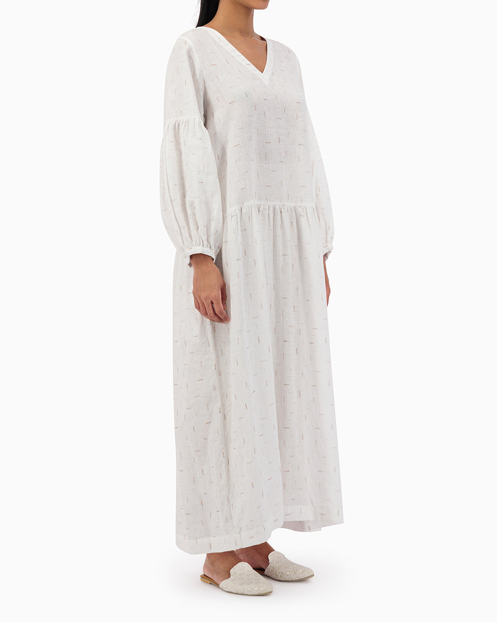 Model wears White V-neck Dress