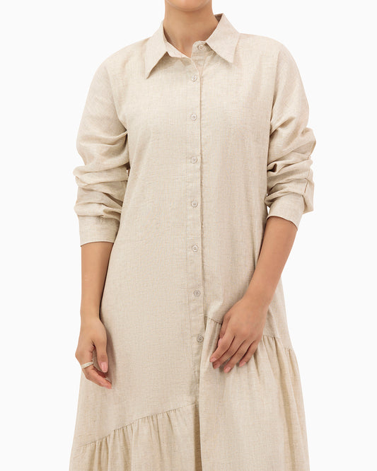 Model wears Beige Dress