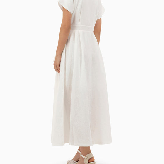 Model wears White Wrap Dress