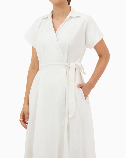 Model wears White Wrap Dress