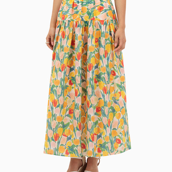 Model wears Yellow Tulips Skirt