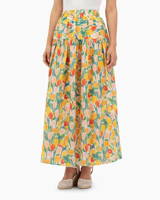 Model wears Yellow Tulips Skirt