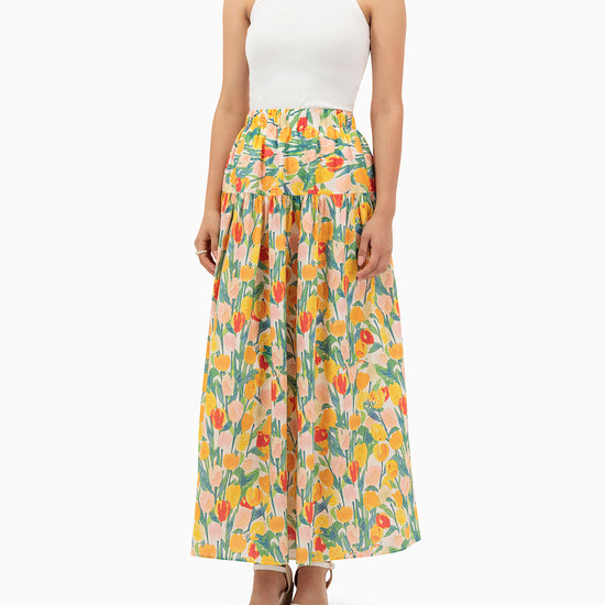 Model wears Yellow Tulips Skirt