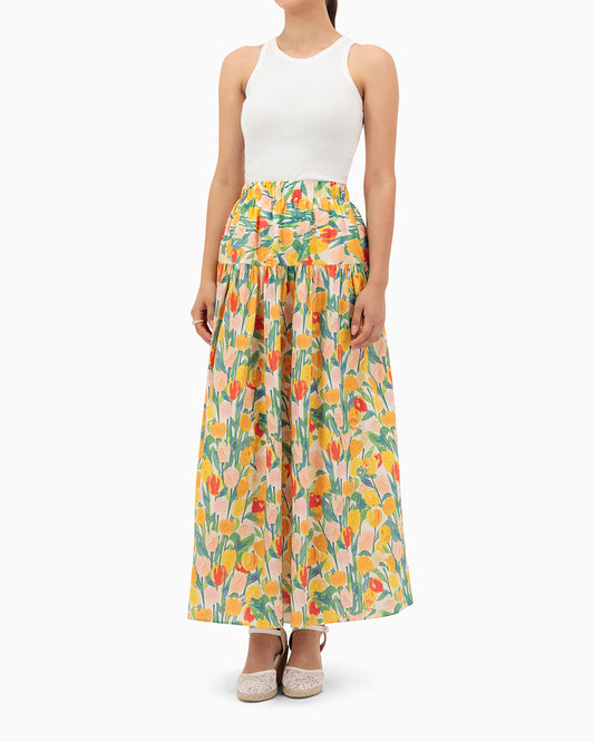 Model wears Yellow Tulips Skirt