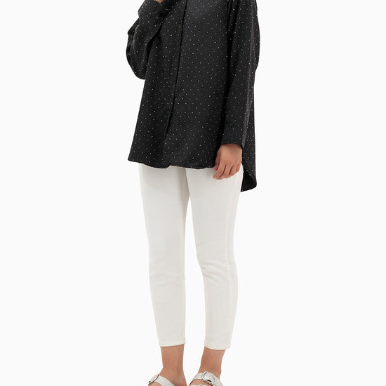 Model wears Black Shirt With Strass