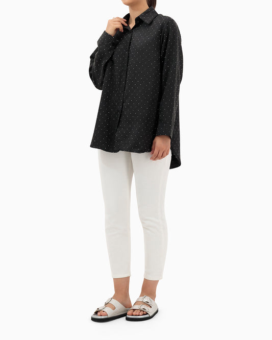 Model wears Black Shirt With Strass