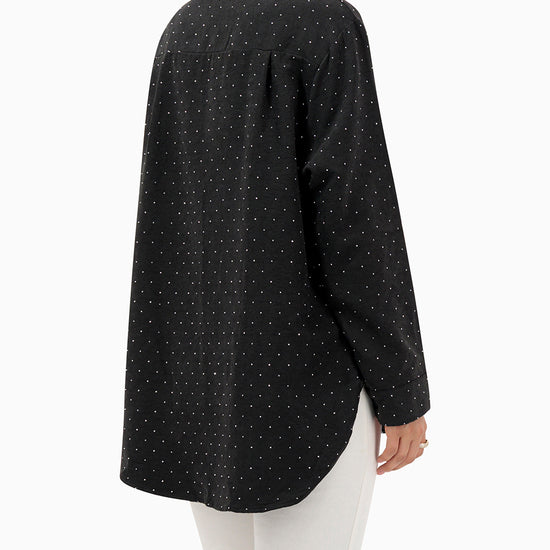 Model wears Black Shirt With Strass