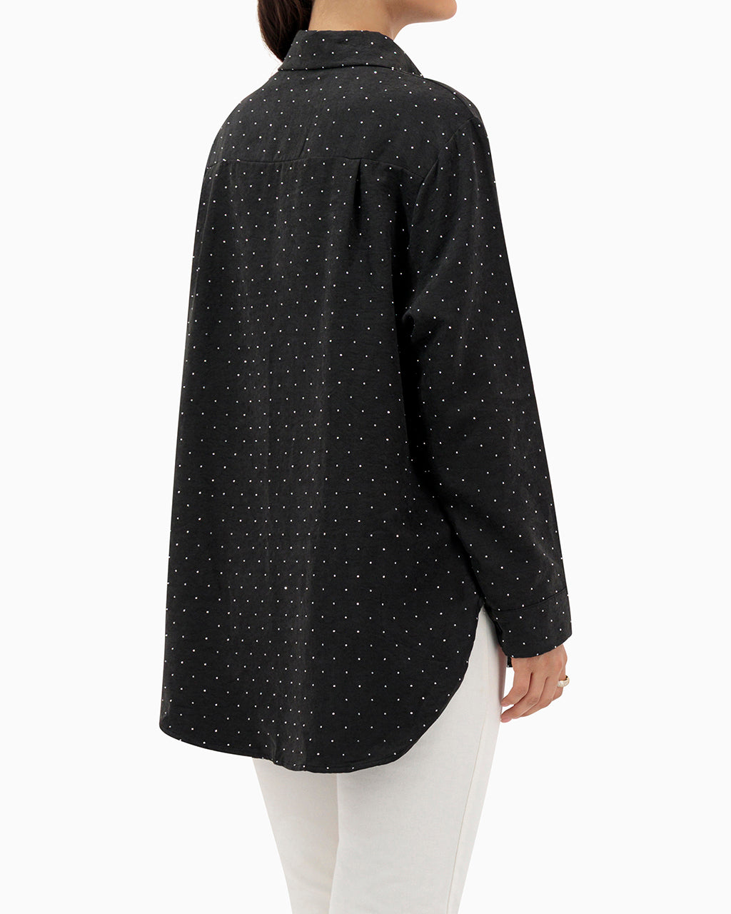 Model wears Black Shirt With Strass