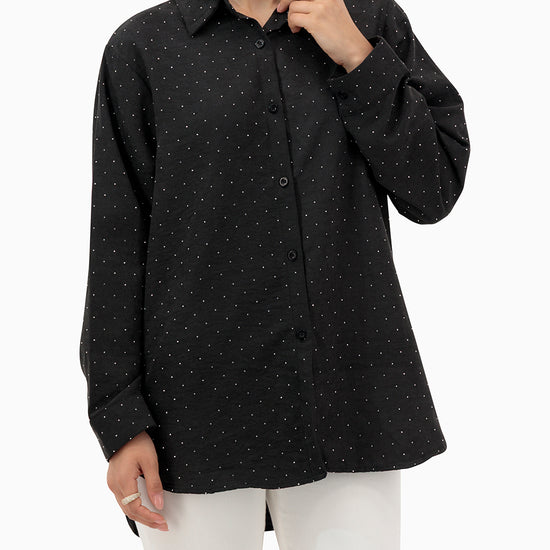 Model wears Black Shirt With Strass