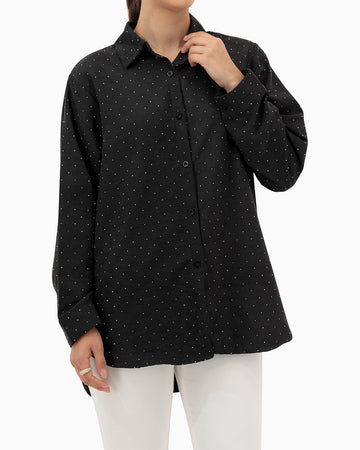 Model wears Black Shirt With Strass