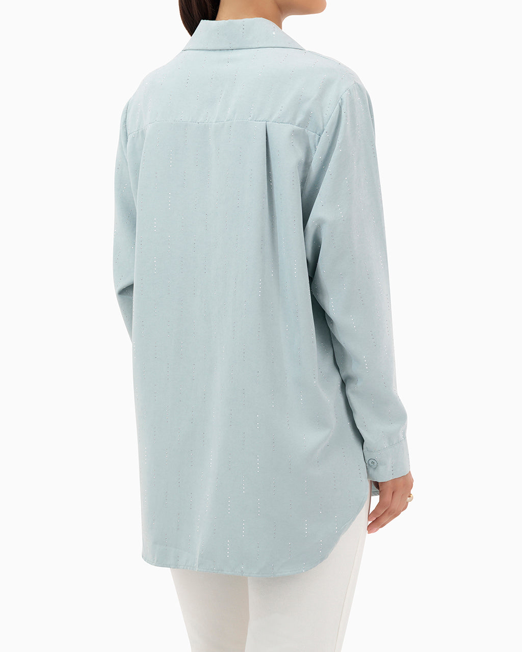Model wears Turquoise Shirt With Strass