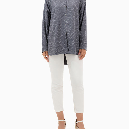 Model wears Grey Shirt With Strass