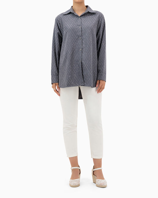 Model wears Grey Shirt With Strass