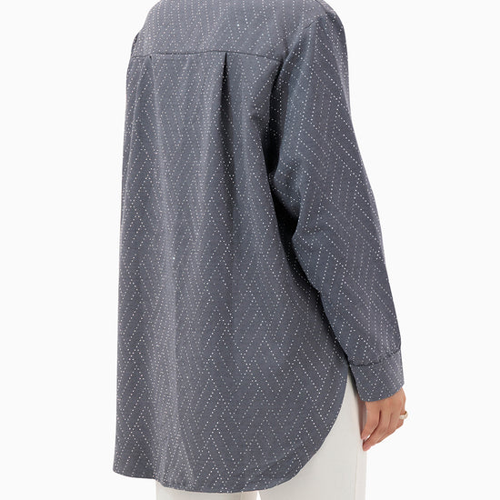 Model wears Grey Shirt With Strass