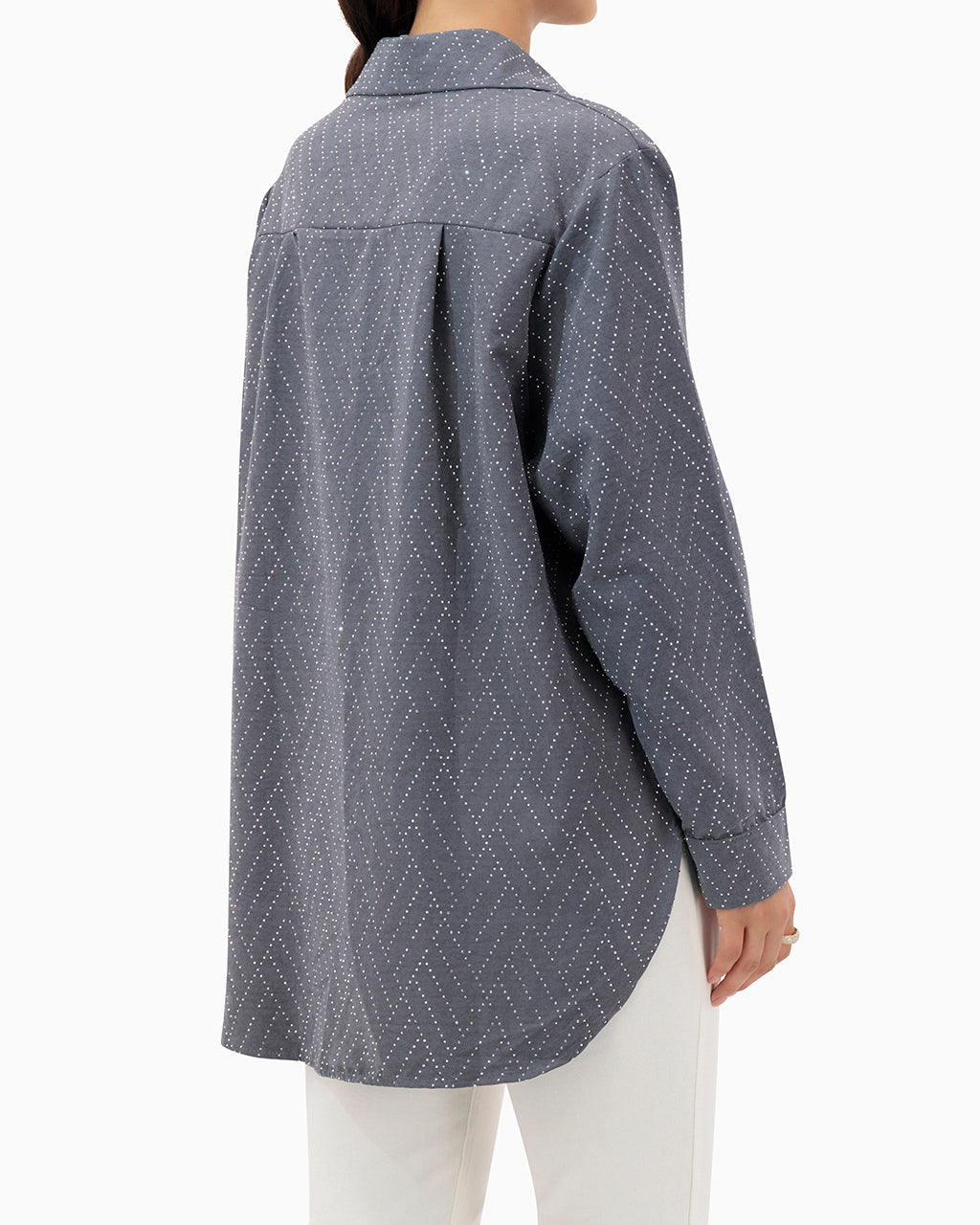 Model wears Grey Shirt With Strass