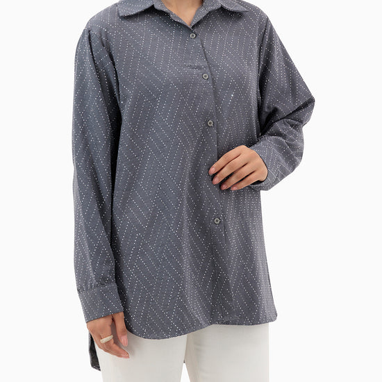 Model wears Grey Shirt With Strass