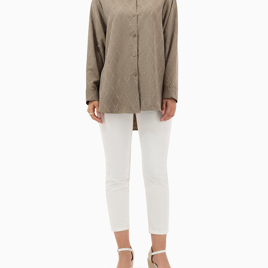 Model wears Brown Shirt With Strass