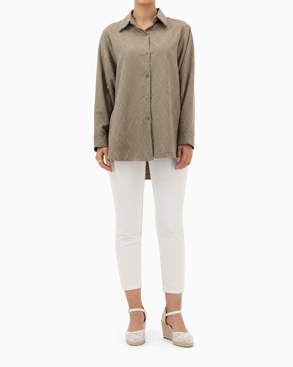 Model wears Brown Shirt With Strass