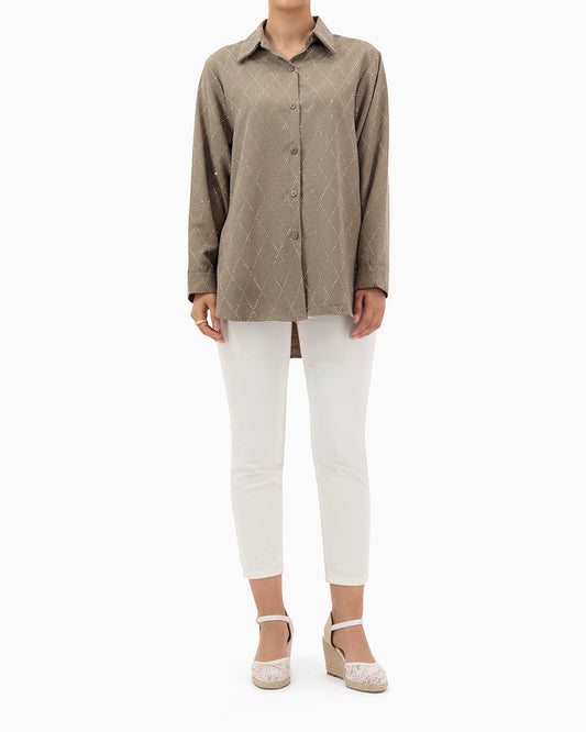 Model wears Brown Shirt With Strass