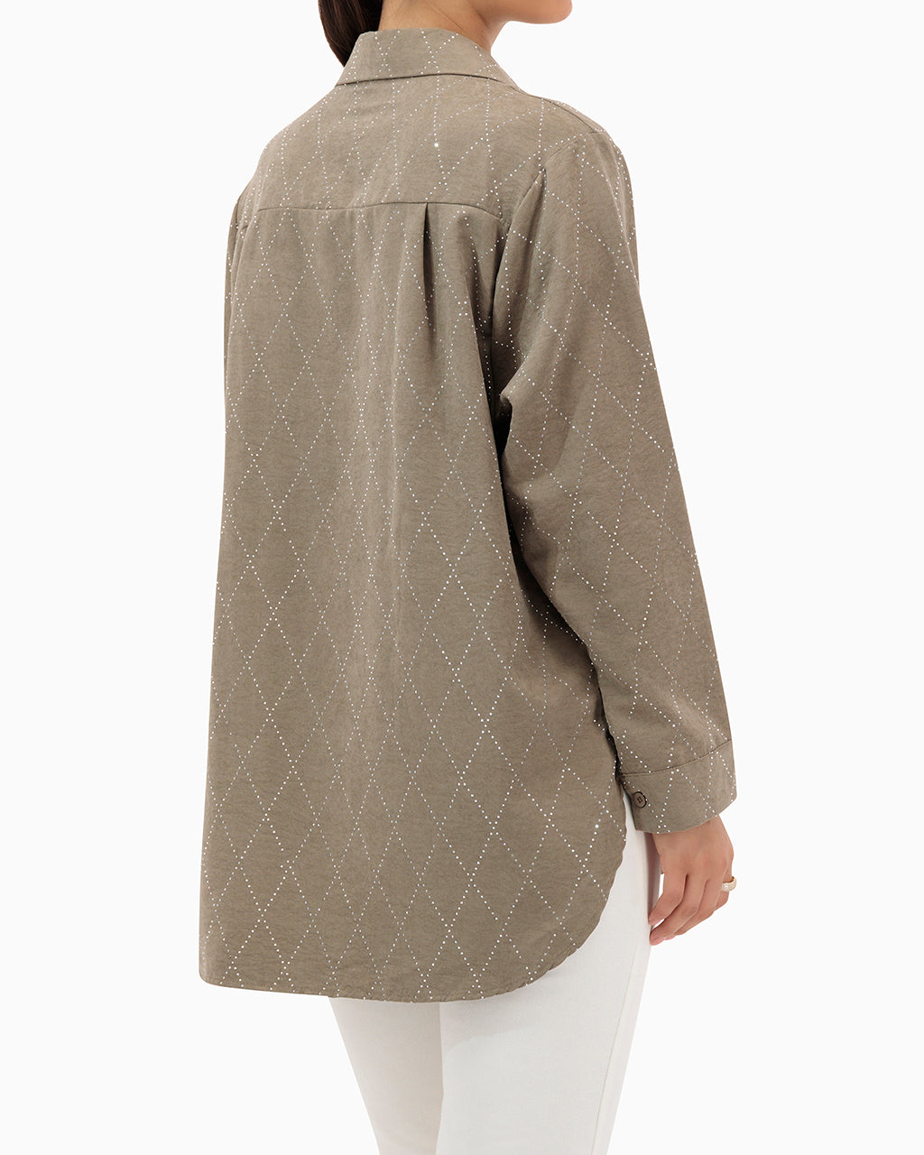 Model wears Brown Shirt With Strass