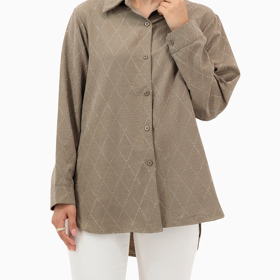 Model wears Brown Shirt With Strass