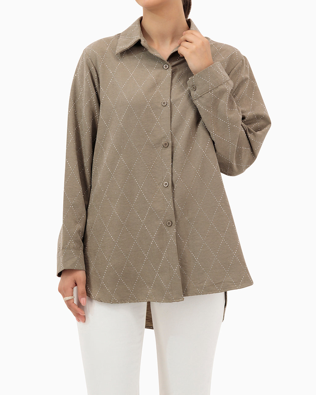 Model wears Brown Shirt With Strass