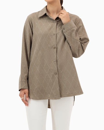 Model wears Brown Shirt With Strass