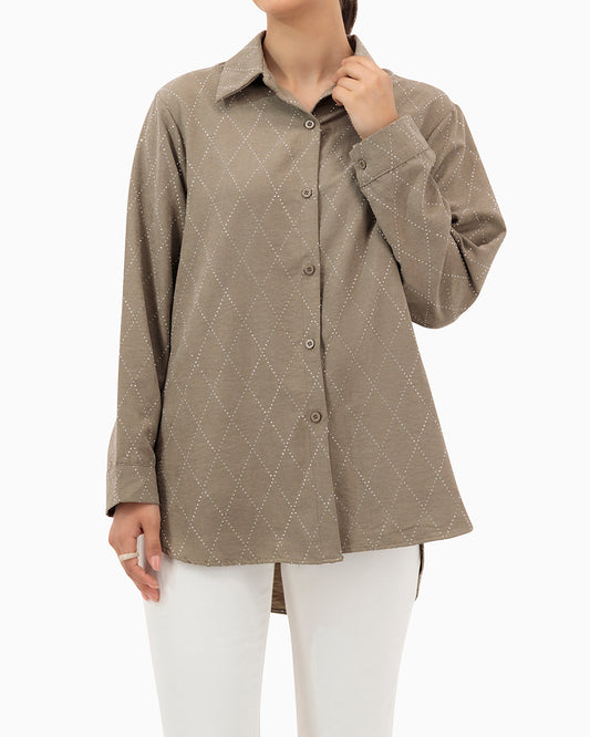 Model wears Brown Shirt With Strass