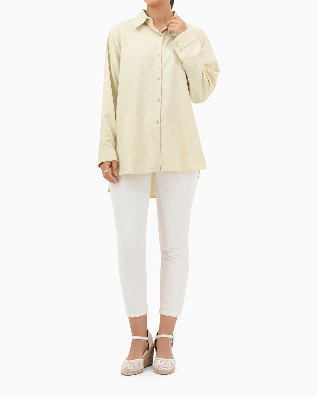 Model wears Beige Shirt With Strass