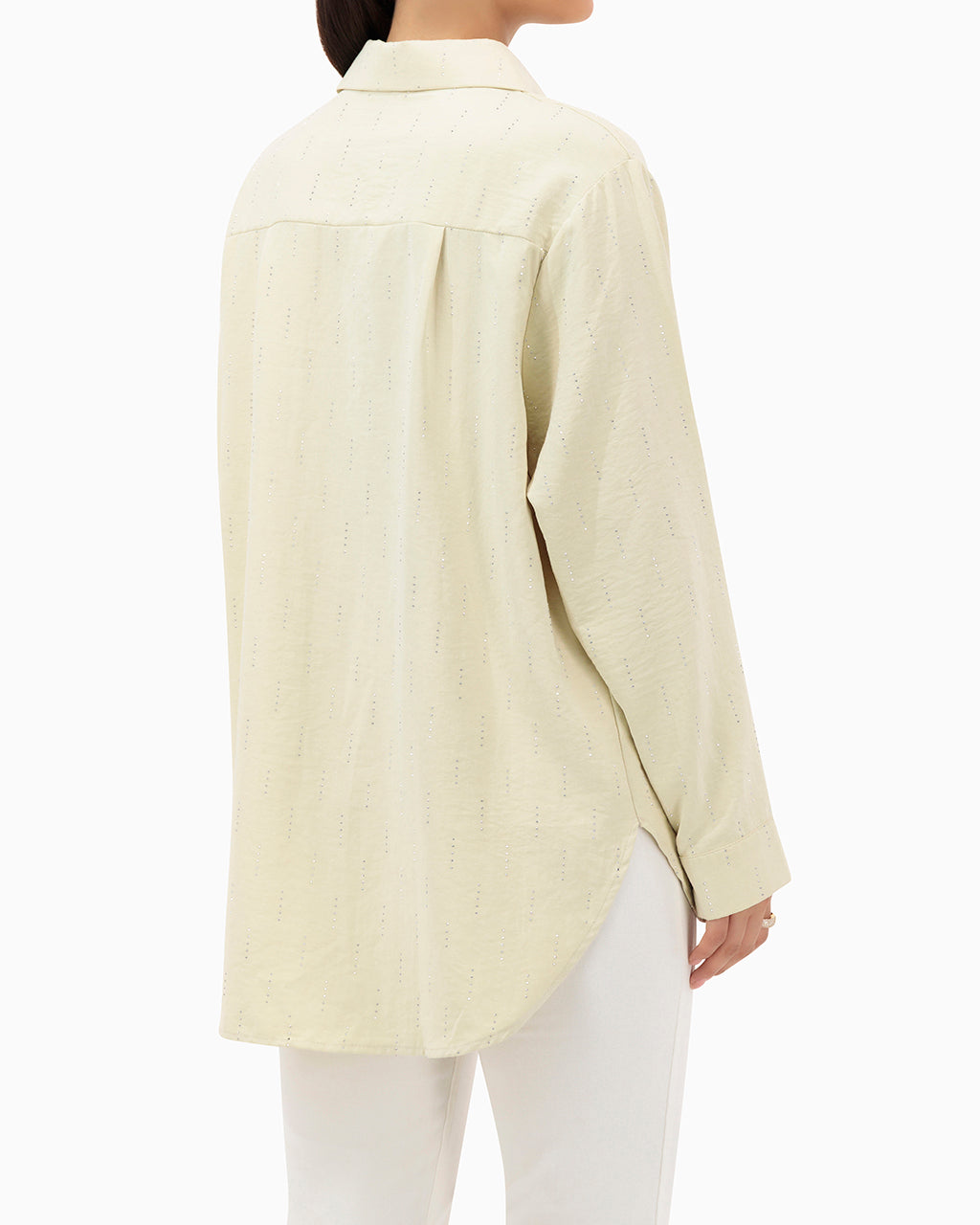 Model wears Beige Shirt With Strass
