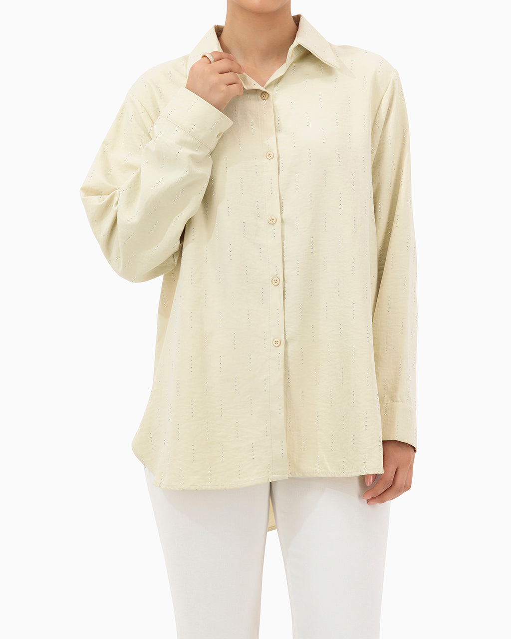 Model wears Beige Shirt With Strass