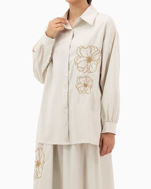 Model wears Beige Flower Set