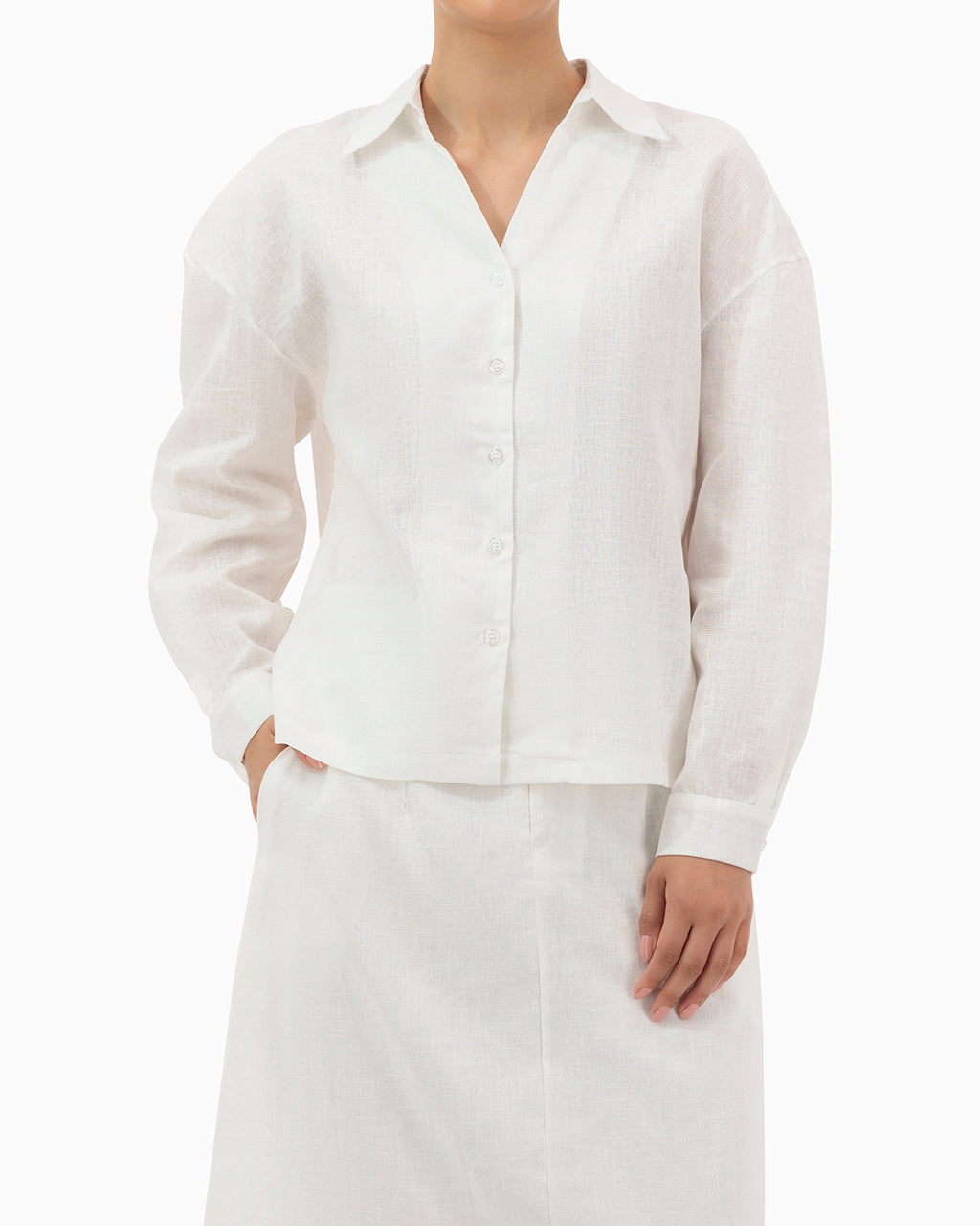 Model wears White Set With Collar Shirt