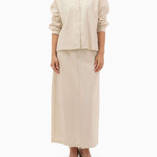 Model wears Beige Set With Collar Shirt