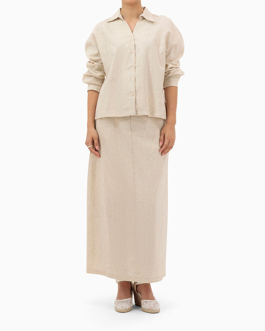 Model wears Beige Set With Collar Shirt