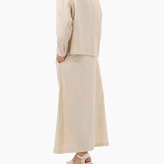 Model wears Beige Set With Collar Shirt