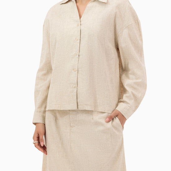 Model wears Beige Set With Collar Shirt