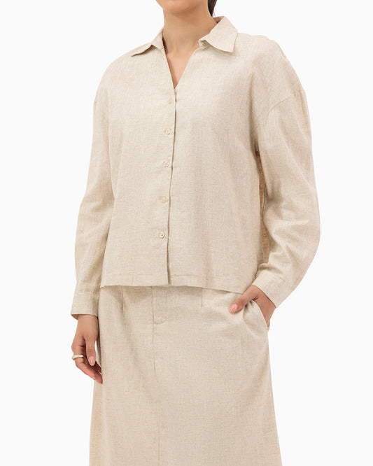 Model wears Beige Set With Collar Shirt