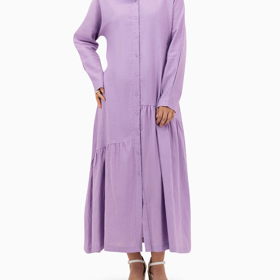 Model wears Purple Dress